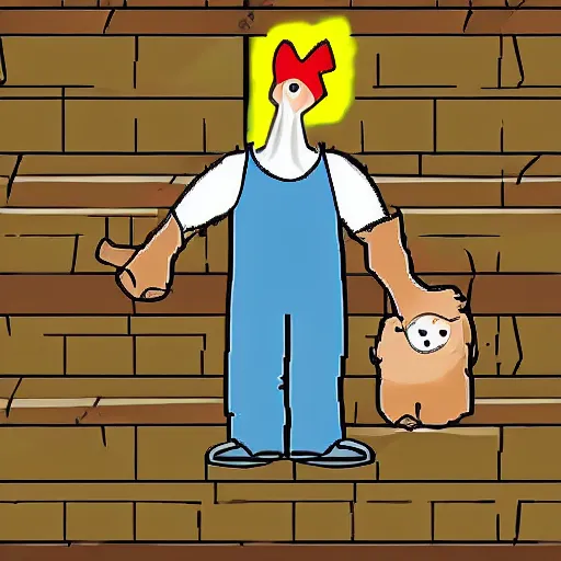 Image similar to prisoner without head but with a chicken head