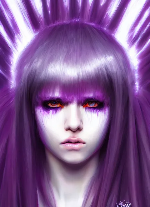 Image similar to hair whitebangs hair, black cyberlox, portrait of normal teenage girl, white bangs, messy bangs, fluffy bangs, cyberlox, whitebangs, red contact lenses, purple background, intricate, elegant, highly detailed, digital painting, artstation, concept art, sharp focus, smooth, illustration, art by wlop, mars ravelo and greg rutkowski