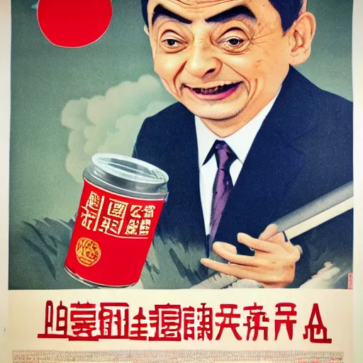 Prompt: Chinese propaganda poster about Mr Bean