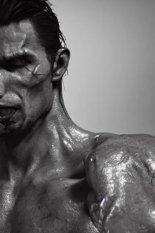 Image similar to a single muscular man wearing torn clothes, looking to the right, profile picture, hyperrealistic, concept art, octane render, unreal engine 5, trending on artstation, high quality, highly detailed, 8 k, dramatic lighting, cinematic, high coherence, anatomically correct, five fingers, digital art, seductive, black and white