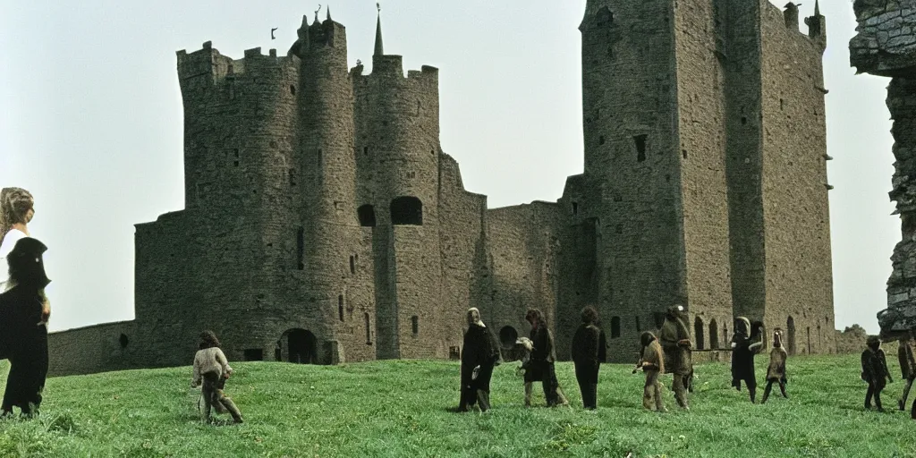 Image similar to A full color still from a Stanley Kubrick film featuring a a large black medieval tower in a green valley, 35mm, 1975