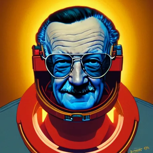 Prompt: a close-up of Stan Lee as an cosmonaut, dramatic backlighting, golden hour, kodachrome, high contrast, highly detailed, sharp focus, digital painting, concept art, illustration, trending on artstation, art by greg rutkowski + greg hildebrandt + alphonse mucha