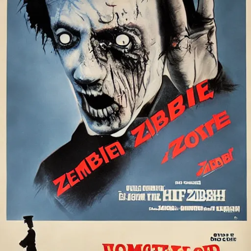 Image similar to old film poster zombie wearing vr, text reads zombie,!!!!!!!!! zombie!!!!!!!!!