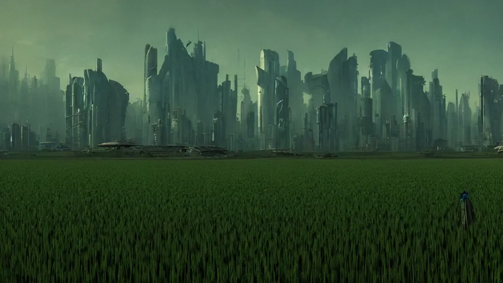 Prompt: a futuristic cyberpunk village from the year 2077 that’s on stilts above a rice field, film still from the movie directed by Denis Villeneuve with art direction by Zdzisław Beksiński, wide lens