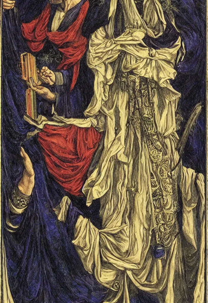 Image similar to Yoshua Bengio as the Magician on the Tarot card. Illustration by preraphaelists.