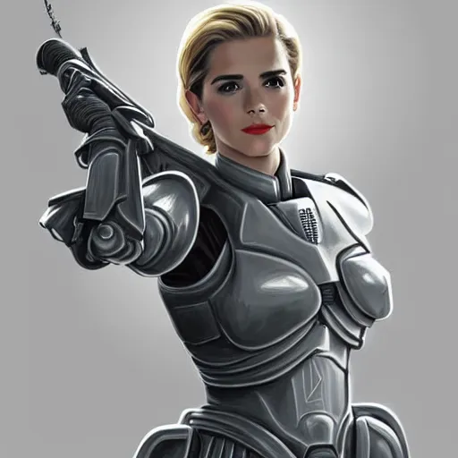 Prompt: A combination of Grace Kelly's and Emma Watson's and Ashley Greene's appearances with blonde hair wearing Master Chief's armor, full body portrait, western, D&D, fantasy, intricate, elegant, highly detailed, digital painting, artstation, concept art, matte, sharp focus, illustration, art by Artgerm and Greg Rutkowski and Alphonse Mucha