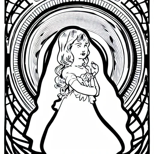 Prompt: clean simple line art of a little girl with wavy curly hair in an elegant dress. white background. well composed, clean black and white line drawing, beautiful detailed face. illustration by steve ditko and jack kirby and alphonse mucha