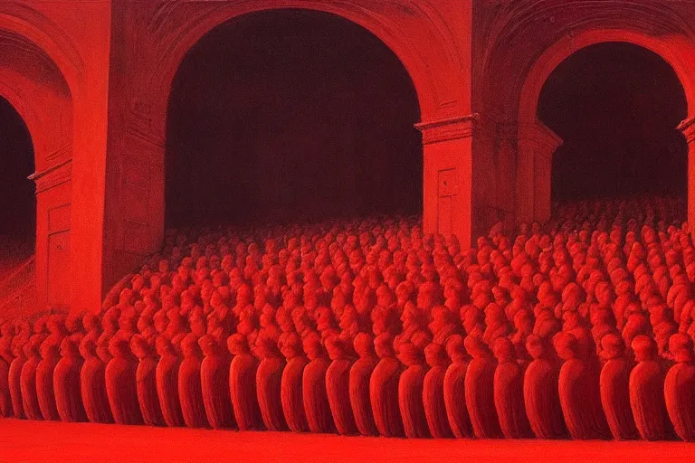 Image similar to only with red, a red melted emperor, taormina amphitheatre, crowd hails him, in the style of beksinski, parts by edward hopper, parts by rodcenko, parts by yue minjun, intricate and epic composition, red by caravaggio, insanely quality, highly detailed, masterpiece, red light, artstation, 4 k