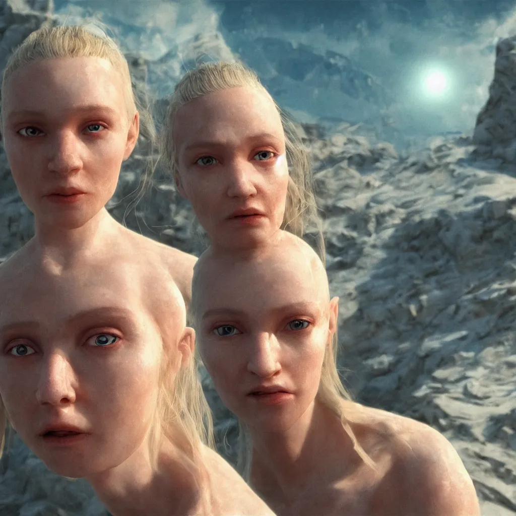 Image similar to extremely detailed cinematic movie still 3 0 7 7 portrait shot of phoenix princess 1 8 years old white woman hyperreal skin face at the mountain top by denis villeneuve, wayne barlowe, simon birch, marc simonetti, philippe druillet, beeple, bright volumetric sunlight from remote star, rich moody colors, closeup, bokeh