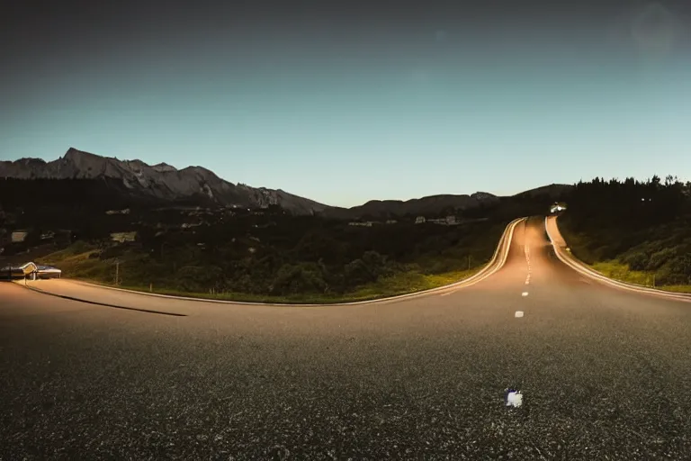 Prompt: looking down road, neighborhood lining the road, hills background with a big creature, mid night, lonely, car light, view of a car