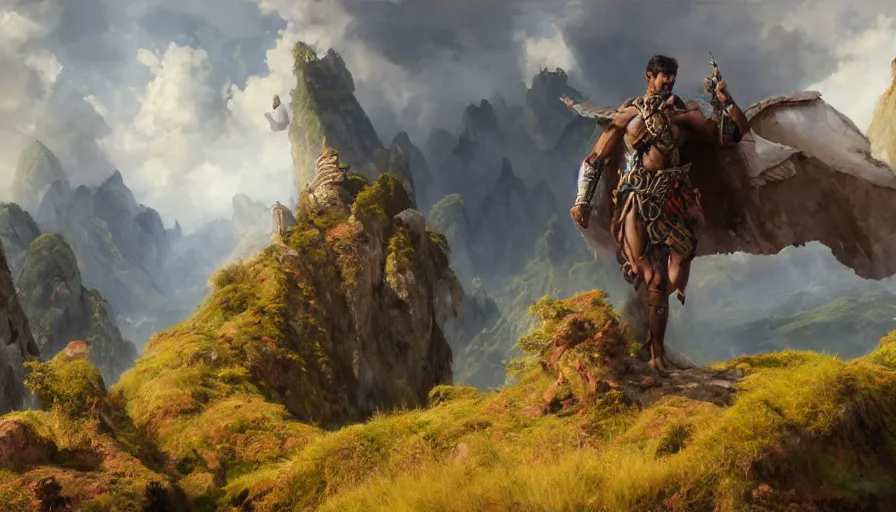 Image similar to excellent painted daemon in a wide epic beautiful landscape somewhere in asia with fluffy clouds, painted by Hans Fredrik Gude, Greg Rutkowksi, Craig Mullins and Artgerm, masterpiece, 4k, ultra realistic highly detailed oil painting