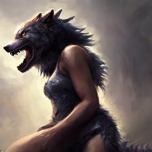 Image similar to very beautiful asian girl becoming a ferocious werewolf, large teeth, epic digital painting, art by greg rutkowski and raymond swanland, extreme detail