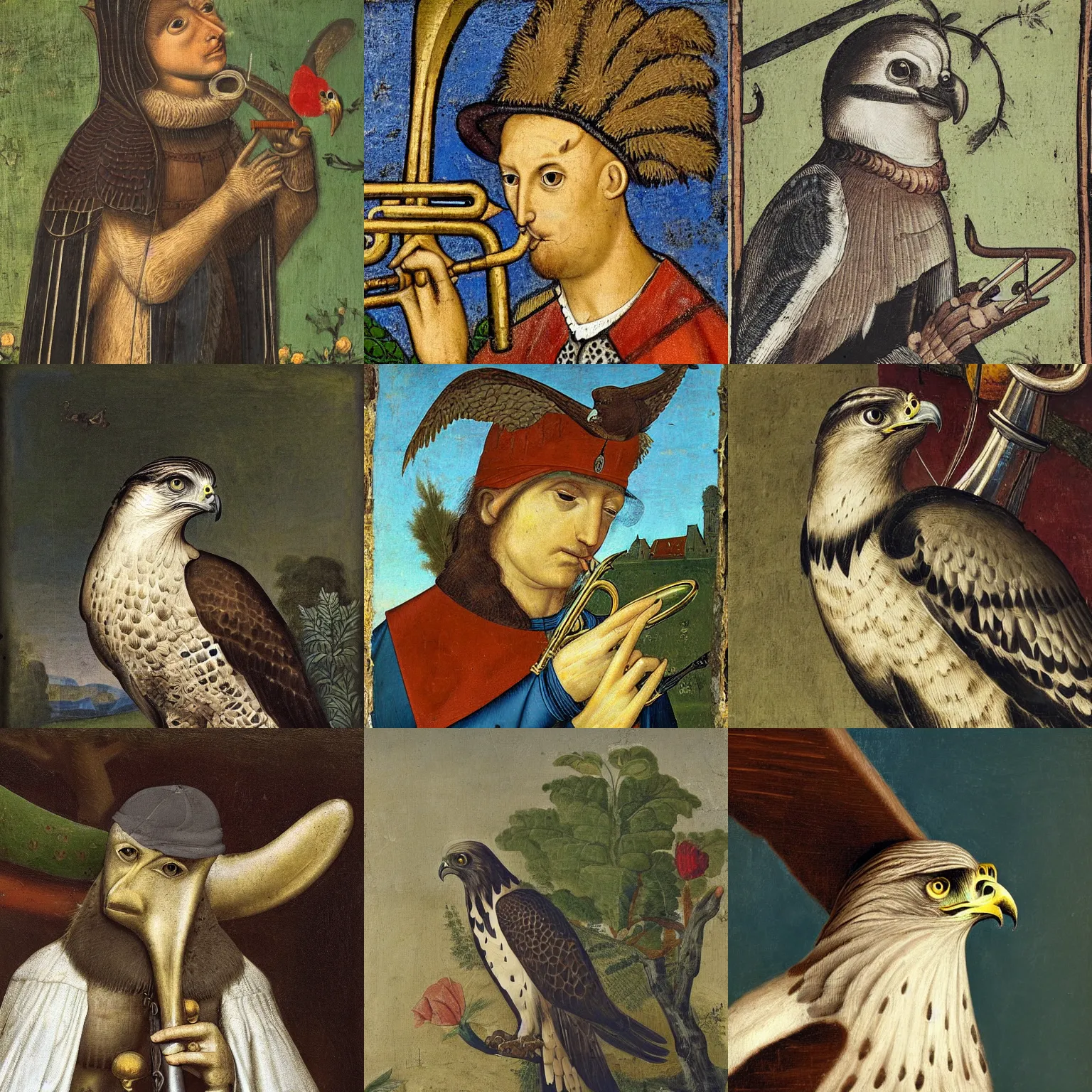 Prompt: hawk with trumpet, sitting in the garden, medieval portrait, close up