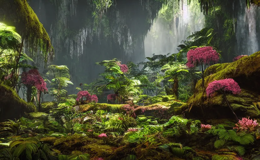 Prompt: a beautiful render of a dark prehistoric rainforest in a humongous cave, lush flora, patches of sky, magenta flowers, sunset, floating mountains and a waterfall in the background, intricate detail, hazy, humid, volumetric lighting, 8 k, photorealistic, raytracing effects, unreal engine 5