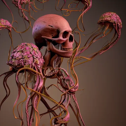 Image similar to a human Skull mutating into flowers, tentacles, unnatural shapes, jellyfish tentacles reaching out, coherent human Skull, insect, chaotic octane render, 3d digital art by beeple, unreal engine 5, award winning,