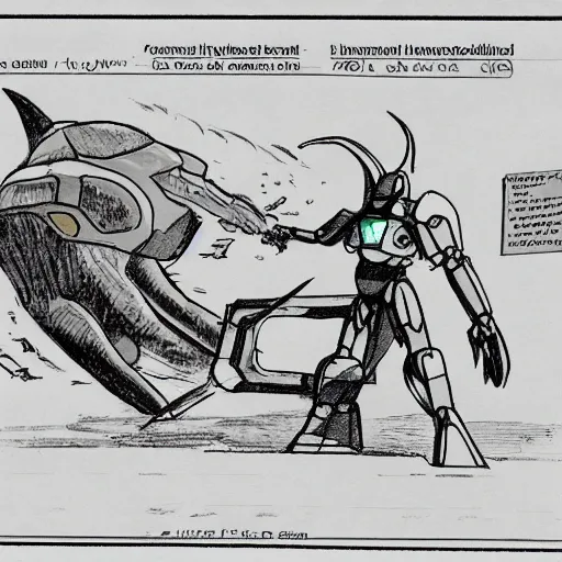 Image similar to a storyboard sketch showing a giant athletic humanoid mecha robot punching a giant humanoid hammerhead shark creature in the head