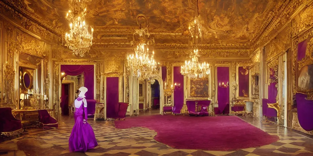 Prompt: highly detailed photo of a lonely courtly artist walking in a baroque dreamy room full of renaissance furniture, cinematic lighting, intricate, 4k resolution, elegant, gold and purple