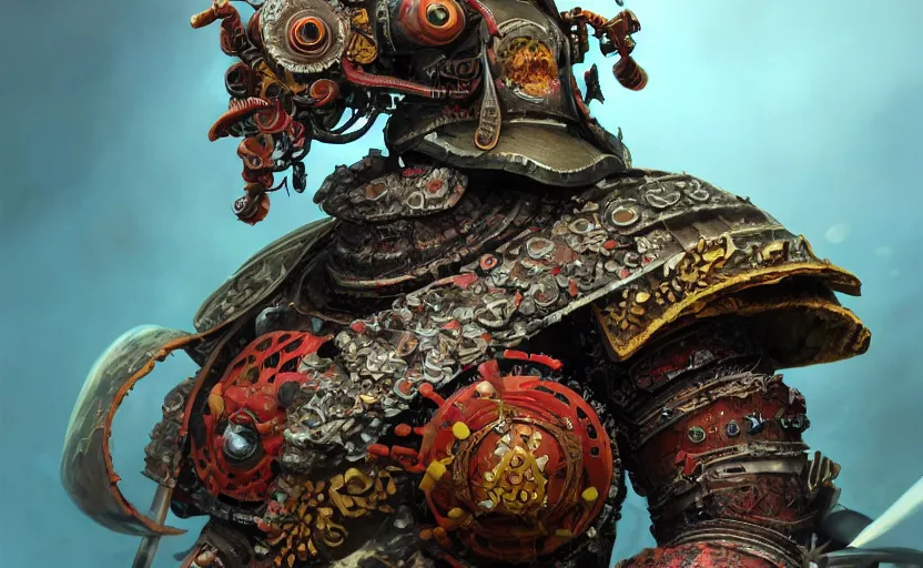 Image similar to a beautiful portrait painting of an ornate samurai warrior, maschinen krieger futuristic crab armor, underwater foliage coral and seaweed, extremely detailed, by igor woloski as featured on artstation 3 d