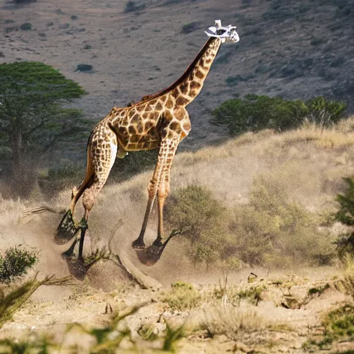 Image similar to An action photo of a giraffe with old school brown pilot goggles riding mountainbike, fast towards the camera, motion blur, high detail, wide shot