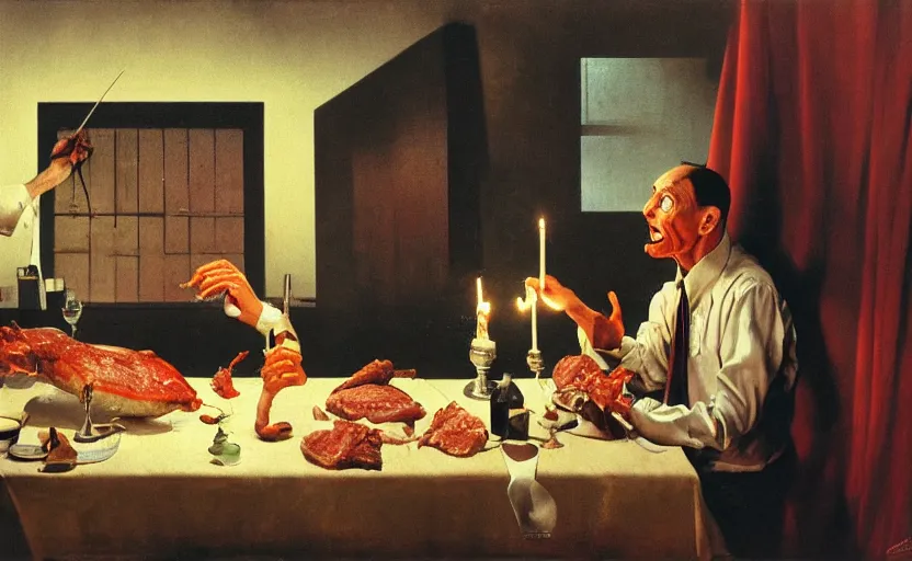 Image similar to a thin man wearing a suit screams at a bowl of meat on a table in a dark kitchen lit by a single bulb, painted by rick berry and norman rockwell and zdzislaw beksinski, highly detailed