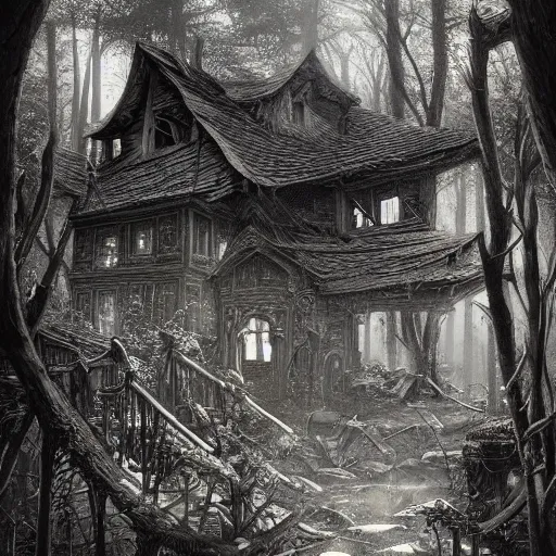 Image similar to dilapidated broken wooden house, tucked within the witchwood forest, evil fairies, overgrown, detailed intricate ink illustration, dark atmosphere, detailed illustration, hd, 4k, digital art, overdetailed art, concept art, by greg rutkowski, by loish, complementing colors, Trending on artstation, deviantart