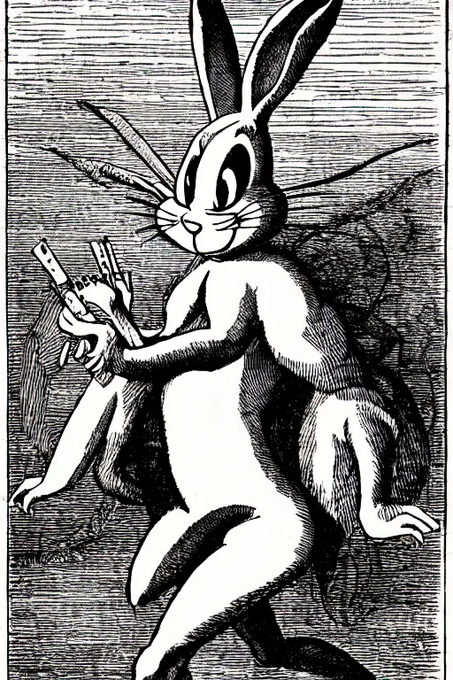 Image similar to bugs bunny, as a demon from the dictionarre infernal, pen - and - ink illustration, etching by louis le breton, 1 8 6 9, 1 2 0 0 dpi scan, ultrasharp detail, hq scan, intricate details, stylized border