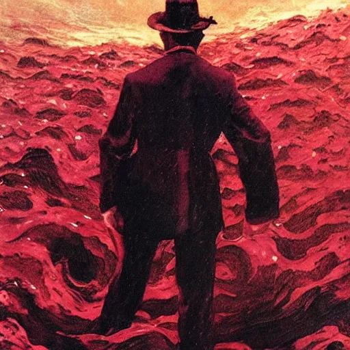 Prompt: a man in old - fashioned attire seen from behind making his way waist - deep in an infinite sea of crimson blood. many human corpses floating face down in the red liquid. pitch black empty sky. masterpiece painting by bernie wrightson and antoine blanchard