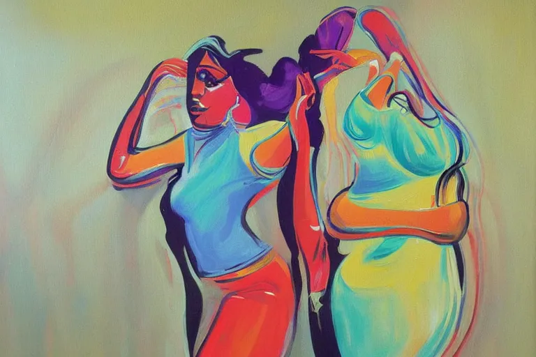 Prompt: painting of curvy sweating woman dancing in a club in the 70's by Johannes Grutzke