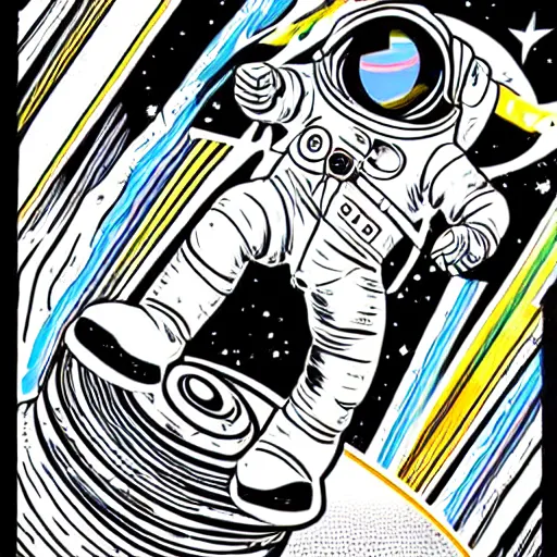 Image similar to colorful disney, mcbess illustration, an astronaut drifting through space