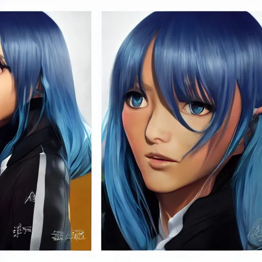 Image similar to profile shot of rimuru tempest, sky blue, straight hair, long bangs, amber eyes, wearing a black jacket with white stripes, high collar, highly detailed, unreal engine 5, digital painting, cinematic, wlop | artgerm, pixiv, yoshitaka amano, greg rutkowski, ilya kuvshinov, andy warhol