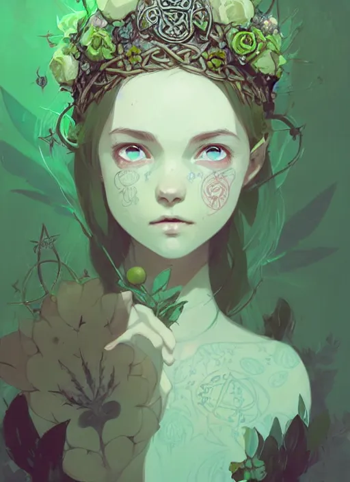 Image similar to portrait of cute fairy girl with crown of flowers covered with celtic rune tattoos, fantasy, by atey ghailan, by greg rutkowski, by greg tocchini, by james gilleard, by joe gb fenton, by kaethe butcher, dynamic lighting, gradient light green, brown, blonde cream and white color in scheme, grunge aesthetic