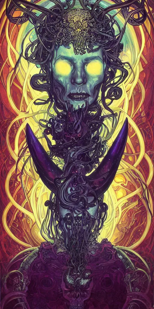 Image similar to intense glowing angry pagan god with horns and tentacles and intense glowing eyes and a skull in very dark cosmic space by karol bak and artgerm and alphonse mucha, portrait, fantasy, clear, light beams, lens flare, intense, uhd, amazing depth, cinematic lighting, purple and teal and indigo and cyan