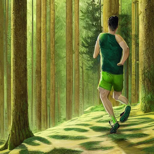 Prompt: Very highly detailed a guy in acid-green athletic sneakers runs through a forest with tall trees, a shot from the back in perspective, art by Marc Simonetti,