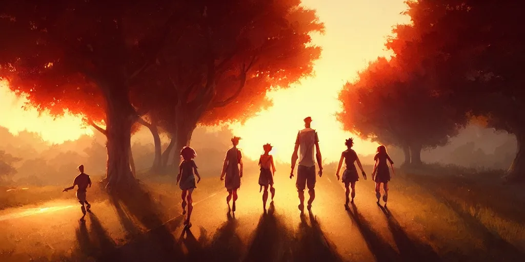 Image similar to a group of close friends walking down the road at sunset, nostalgic, details, sharp focus, illustration, by jordan grimmer and greg rutkowski, trending artstation, pixiv, digital art