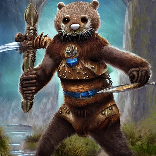 Image similar to furry otter warrior, fantasy art, lightweight armour, near the river, waterfall, digital art, high quality