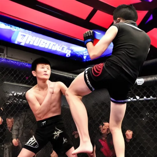 Image similar to vitalik buterin and changpeng zhao fighting in a ufc cage