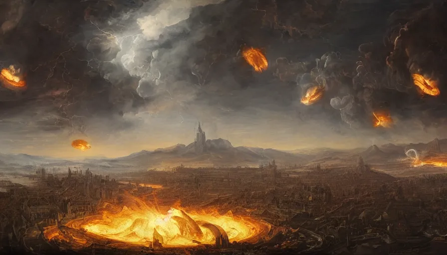 Image similar to 1 6 8 7's baroque painting of alien invasion on earth, destruction, fire and ashes, smoke columns, destroyed cities, day or night, hyperdetailed, artstation, cgsociety, 8 k