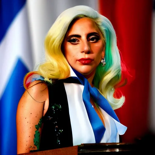 Image similar to Lady Gaga president of Argentina, Argentina flag behind, bokeh, detailed, hd, waving hands