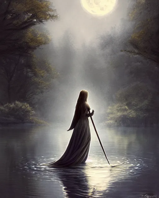 Image similar to 'lady of the lake' raising excalibur in the middle of a lake under a giant full moon, rippling reflections, trees and falling leaves, art by Raymond Swaziland and Greg Rutkowski, D&D, high fantasy, romantic, highly detailed, digital painting, trending on artstation, concept art, golden ratio, sharp focus, masterpiece