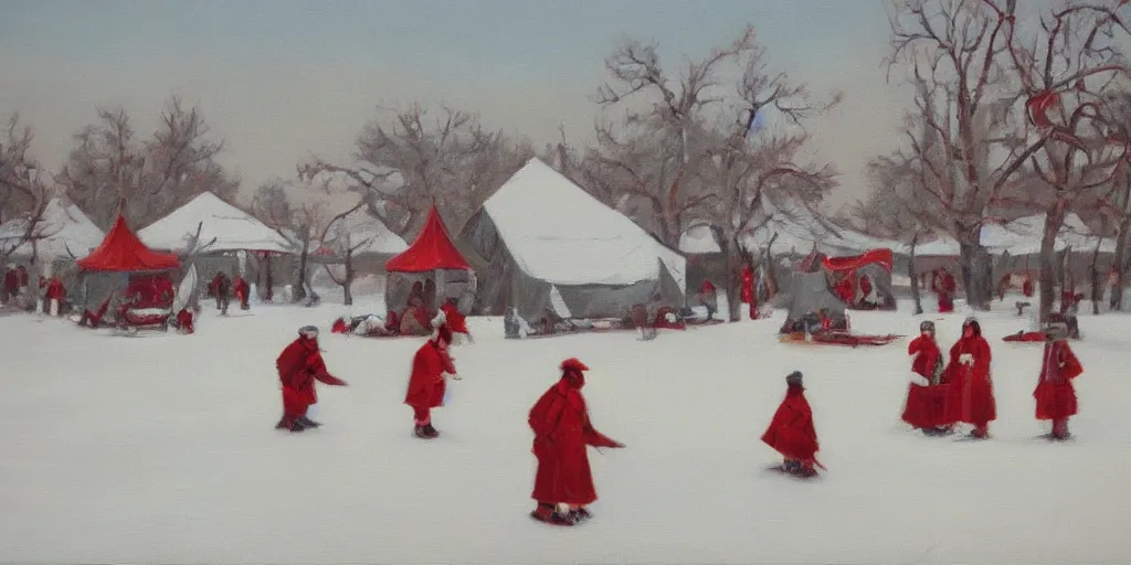 Prompt: a big circus in the snow ground, oil painting, red and white color