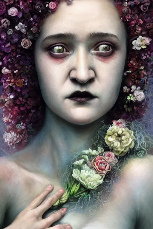 Image similar to closeup portrait shot of julia garner as delirium of the endless, the sandman, the fairy queen, floral growth, thick fancy makeup, highly detailed, digital painting, artstation, concept art, soft focus, depth of field, artgerm, tomasz alen kopera, peter mohrbacher, donato giancola, wlop, boris vallejo