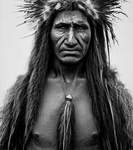 Prompt: Award winning Editorial photo of a Native Iroquois with incredible hair and hyper-detailed eyes wearing traditional garb by Edward Sherriff Curtis and Lee Jeffries, 85mm ND 5, perfect lighting, gelatin silver process