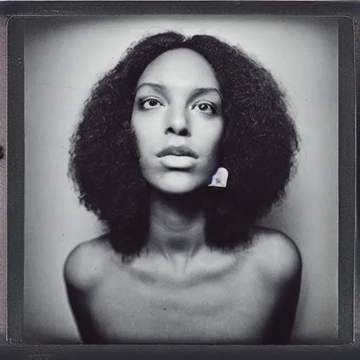 Image similar to polaroid picture, beautiful light - skinned woman, symmetrical face, curly hair, afro, full shot, artistic, black and white, eerie, francesca woodman style