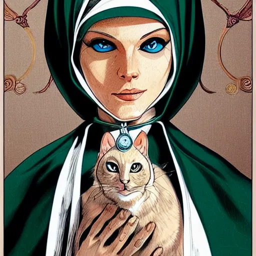 Prompt: the cat nuns of france, intricate, elegant, highly detailed, smooth, sharp focus, detailed face, high contrast, colourful, graphic novel, art by pepe larraz,