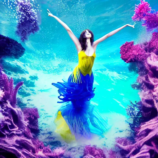 Prompt: beautiful realistic woman dancing underwater wearing a flowing dress made of blue, magenta, and yellow seaweed, delicate coral sea bottom, swirling silver fish, swirling smoke shapes, octane render, caustics lighting from above, cinematic