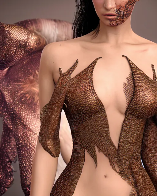 Prompt: a highly detailed metahuman 8 k close up render of bella hadid in iris van herpen dress in alex grey style trending on artstation made in unreal engine 4