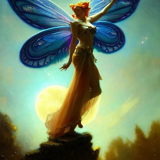 Prompt: attractive fairy queen fly high in the night, fantasy, full moon in background. hyper detailed painting by gaston bussiere, craig mullins, j. c. leyendecker, mid shot, 8 k, cryengone, cinematic lighting, beautiful,