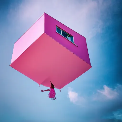 Image similar to a 5 0 mm lens photograph of a cute pink floating modern house, floating in the air between clouds, inspired by the movie up, held up from above by heart ballons. mist, playful composition canon, nikon, award winning, photo of the year