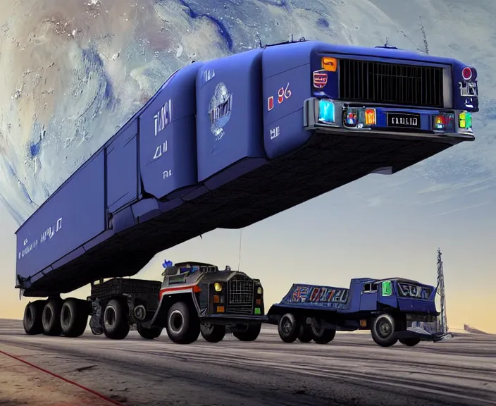 Image similar to russian truck zil - 1 3 0 fly in space in orbit of the planet earth, hyper detailed, hight detailed, futuristic, ultra realistic, cyberpunk, steampunk, no blur, 8 k