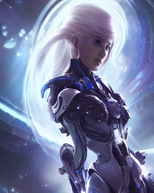 Image similar to perfect android girl on a mothership, warframe armor, beautiful face, scifi, futuristic, galaxy, nebula, raytracing, dreamy, long white hair, blue cyborg eyes, sharp focus, cinematic lighting, highly detailed, artstation, divine, by gauthier leblanc, kazuya takahashi, huifeng huang